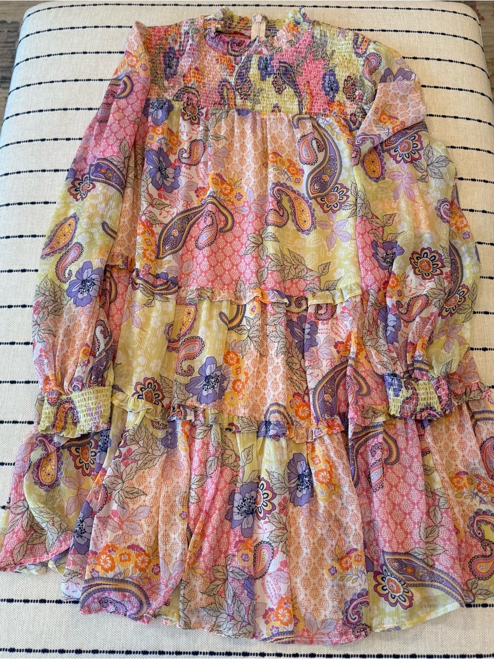 Fate Multi-Color Paisley Tiered Dress - Pink, Yellow, Purple, Orange, Cream